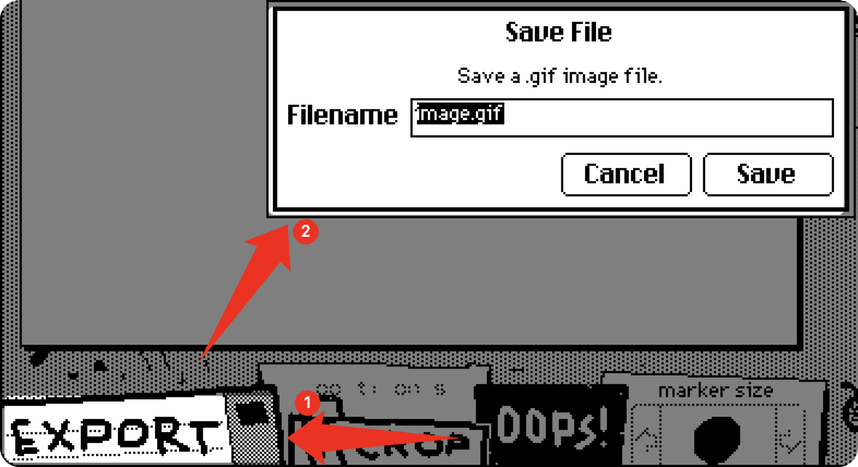 Wiggly Paint export dialog showing how to save animated GIF artwork