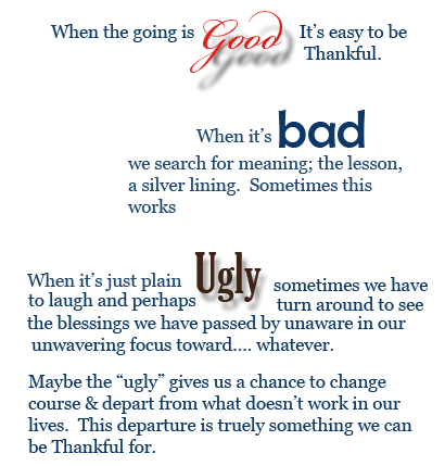 When the going is Good, it's easy to be thankful. When it's bad, we search for meaning; the lesson, a silver lining. Sometimes this works. When it's just plain Ugly, sometimes we have to turn around to see the blessings we have passed by unaware in our unwavering focus toward... whatever. Maybe the 'ugly' gives us a chance to change course & depart from what doesn't work in our lives. This departure is truly something we can be thankful for.