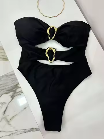 Sexy Metal Rings Cut Out Women Swimwear One Piece Swimsuit Female Bandeau
