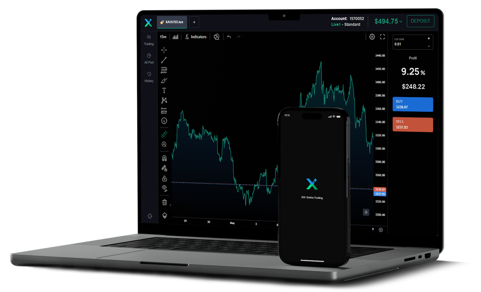 Trading platform interface on desktop and mobile