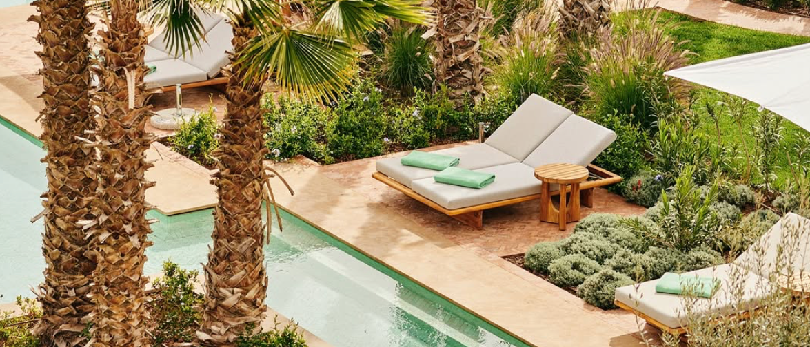 Park Hyatt Marrakech poolside lounge with sun beds