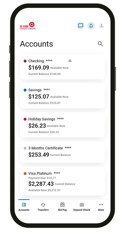 SF Fire CU mobile banking app showing account balances