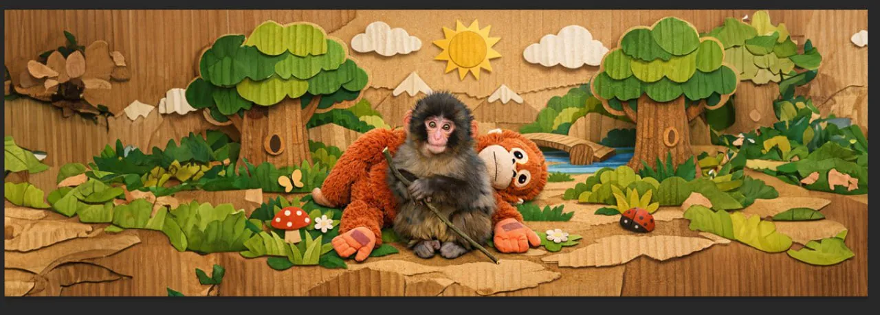 Punch the monkey with his beloved plushie friend in a cozy forest sanctuary