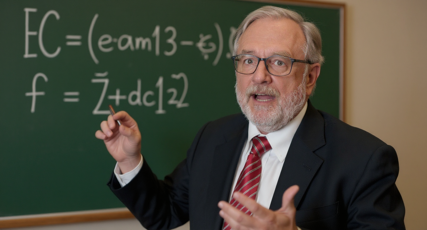 A middle-aged professor with glasses and a beard