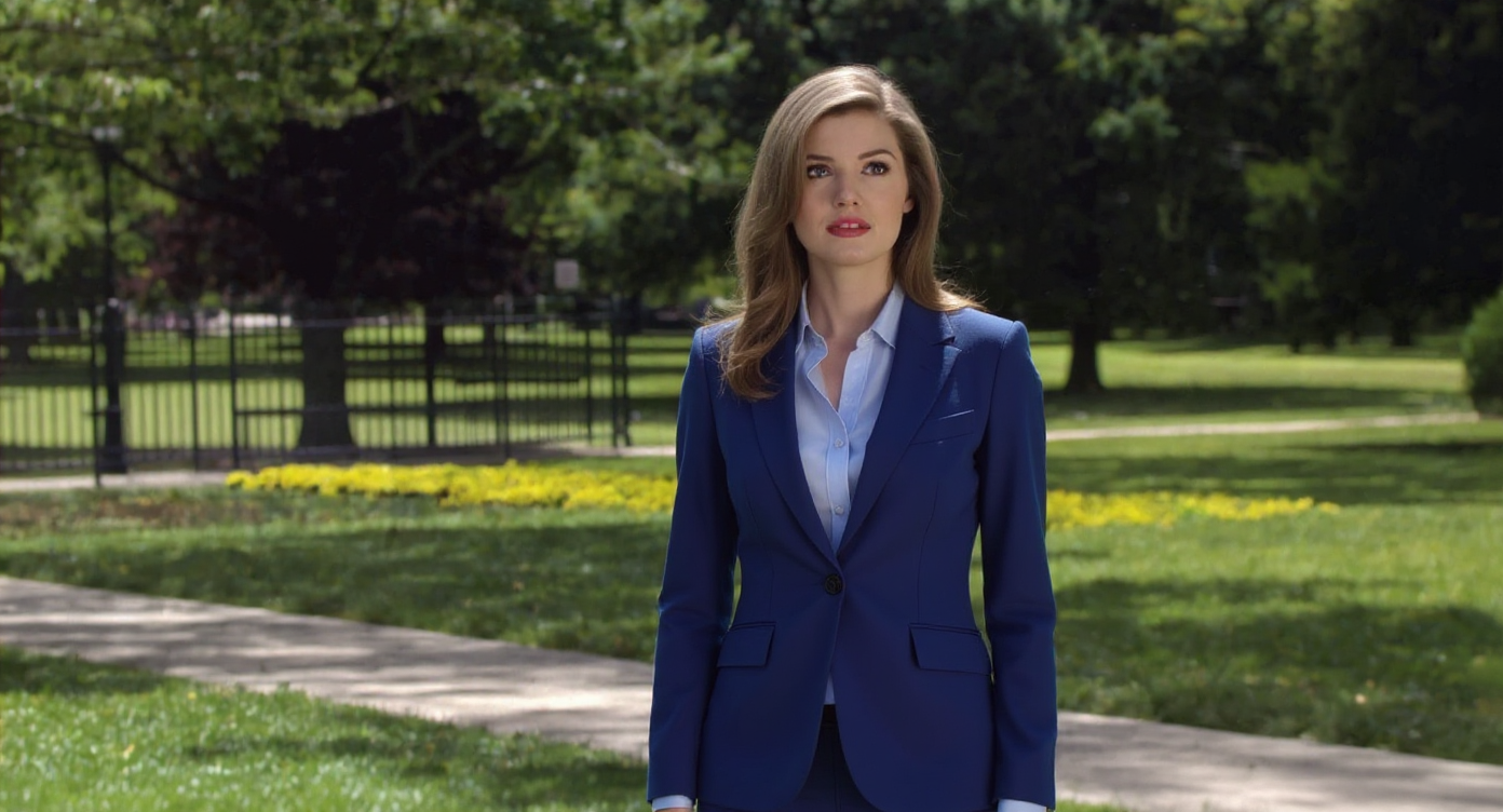 A woman in a red dress standing in a park
