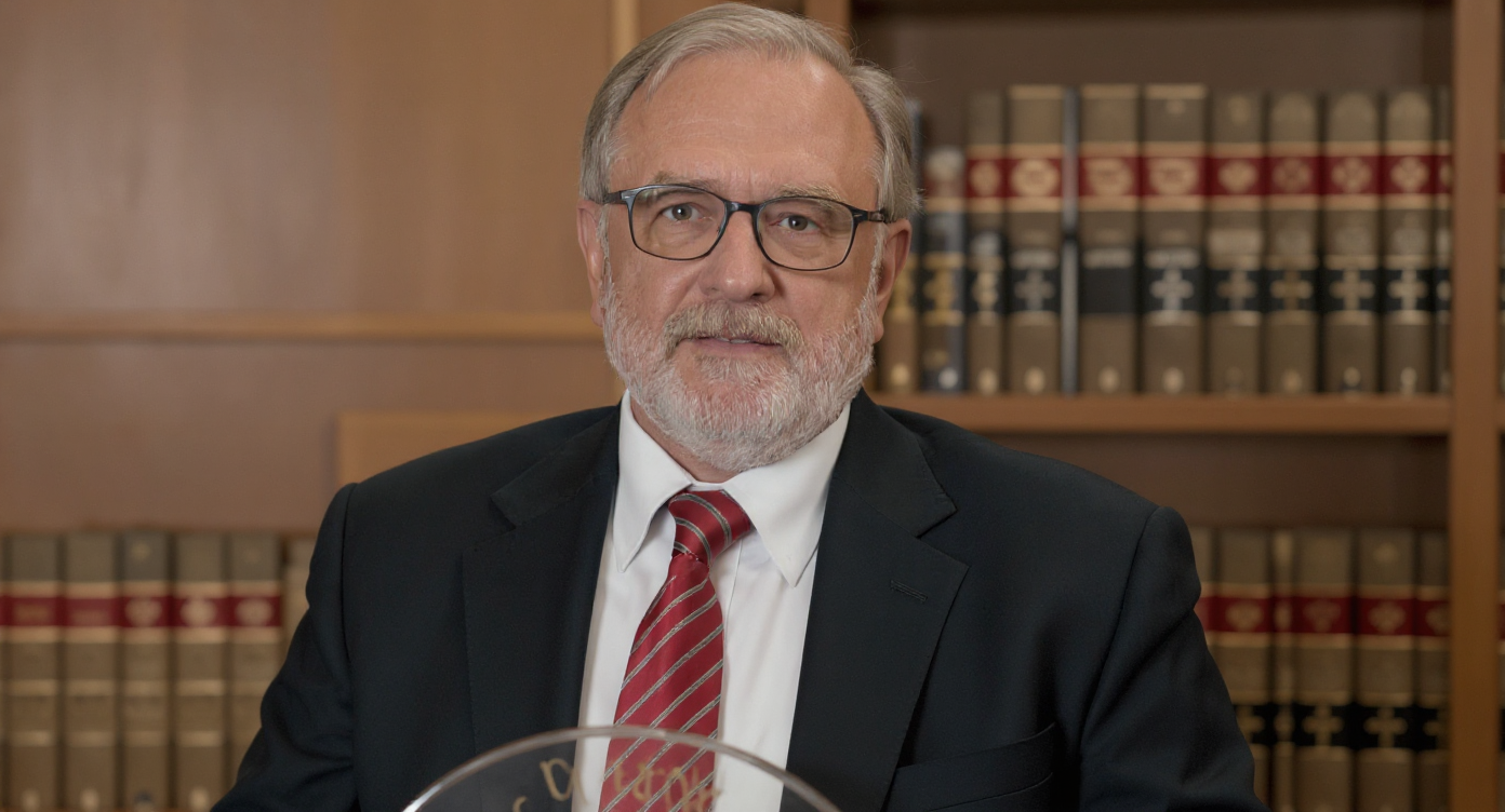 The professor looking proud and satisfied while receiving an award at a ceremony