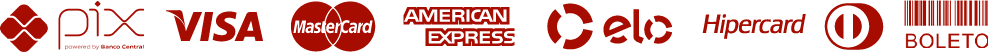 Formas de pagamento: PIX, Visa, Mastercard, American Express, Elo, Hipercard, Diners, Boleto