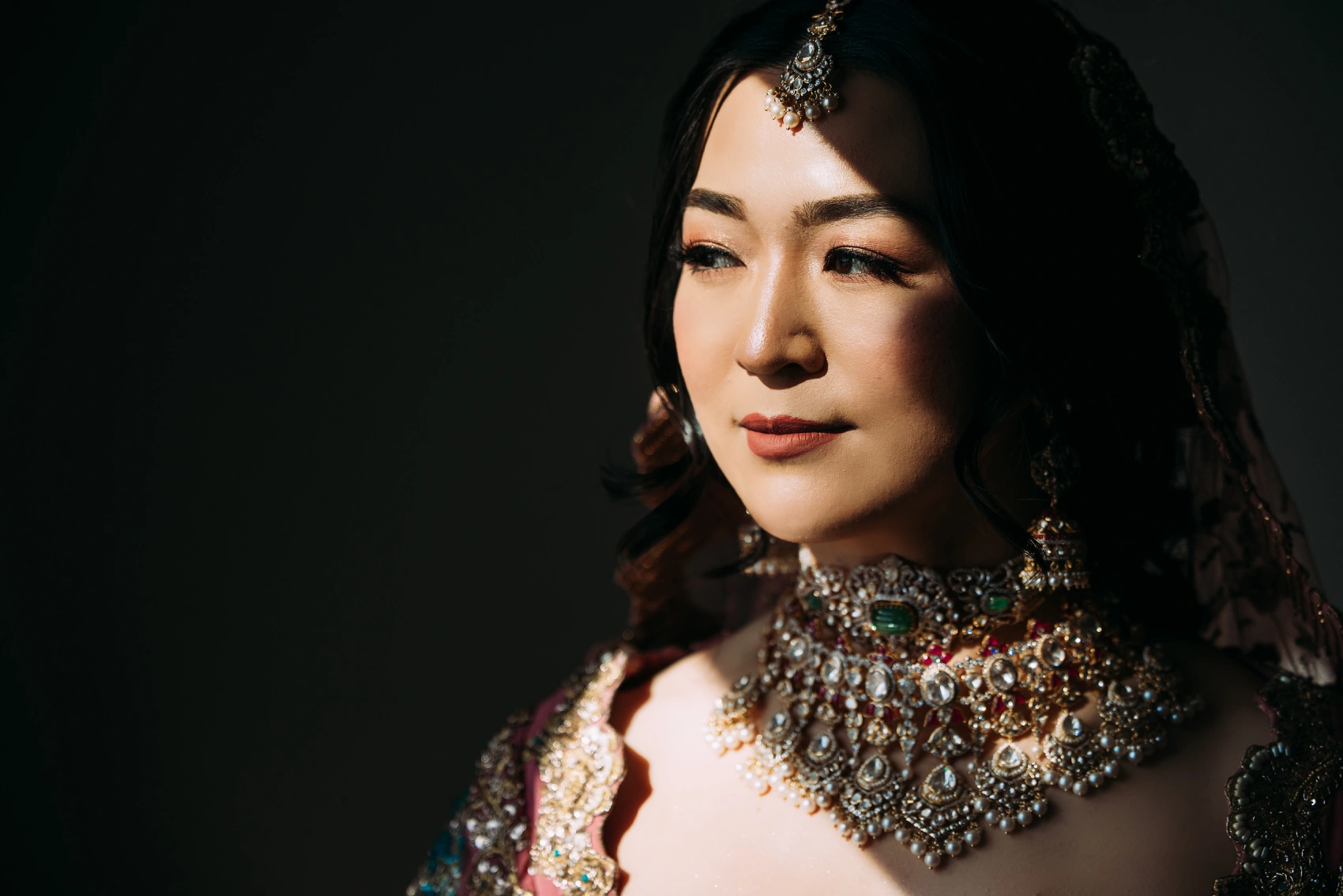Romantic couple portrait with eucalyptus bouquet